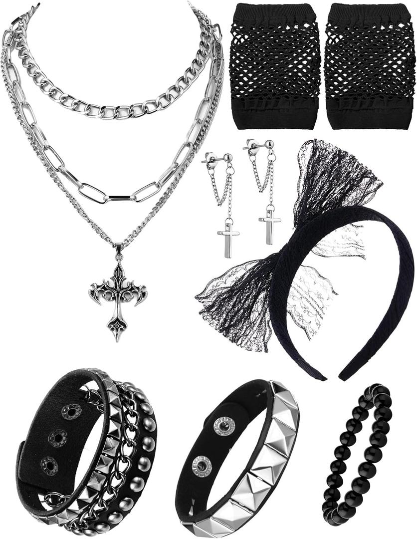 Ecation 7 Pcs 80s Women Costume Accessories Halloween Leather Punk Bracelet Black Cross Necklace Lace Headband Fishnet Glove