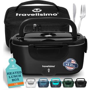 TRAVELISIMO Electric Lunch Box for Adults 100W Heated Lunch Box For Men 1.5L Stainless Steel Portable Food Warmer, 12/24/110V for Travel & Work, Loncheras Electricas Para Calentar almuerzo (Black)