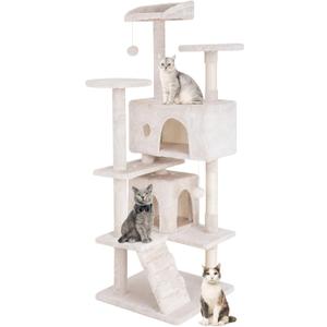 PayLessHere Cat Tree 54in Tower with Cat Scratching Post,Multi-Level Stand House Furniture Kitty Activity Center with Furry Ball Toys for Indoor (Beige)