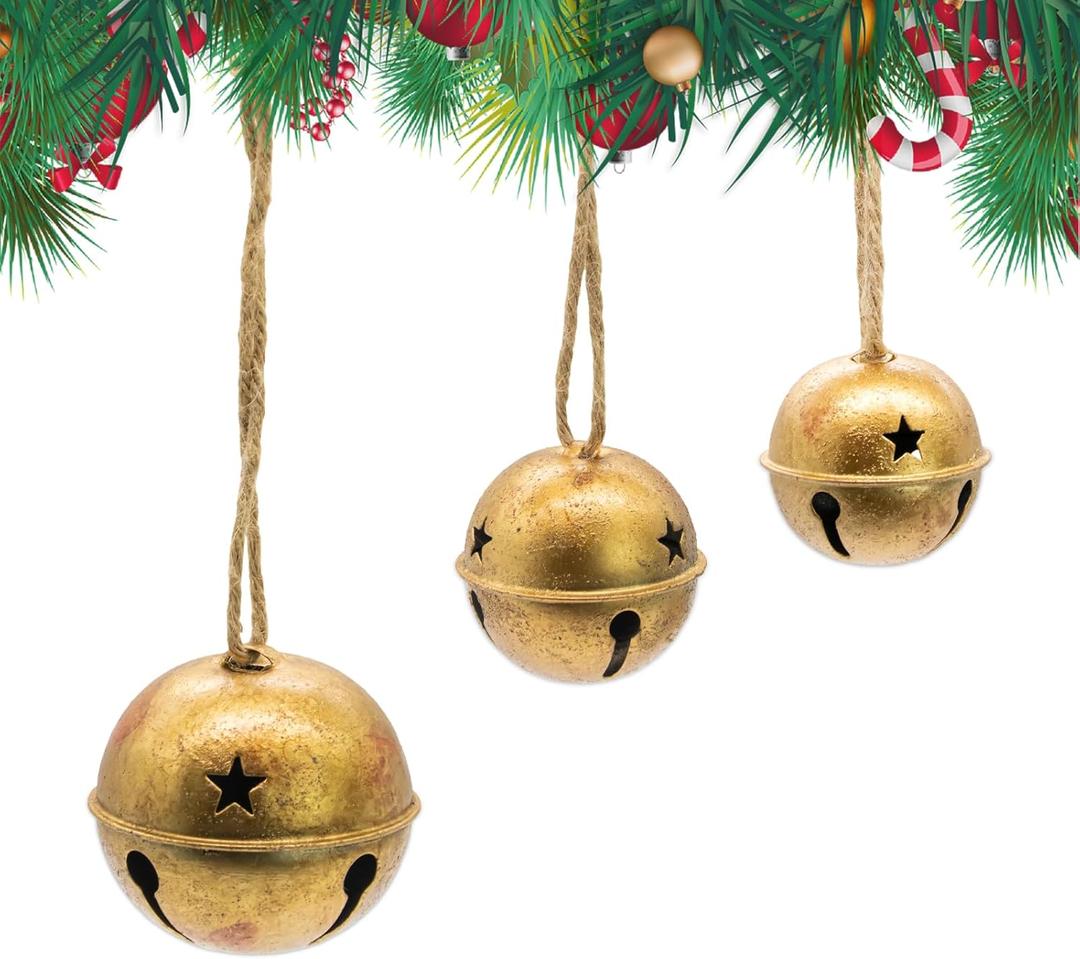 Christmas Jingle Bells Vintage Gold Brass Bells with Jute Rope for Rustic Christmas Decor Wreaths Gardens Trees Doors Windows Living Rooms and Rustic Home Decor (Style 4)