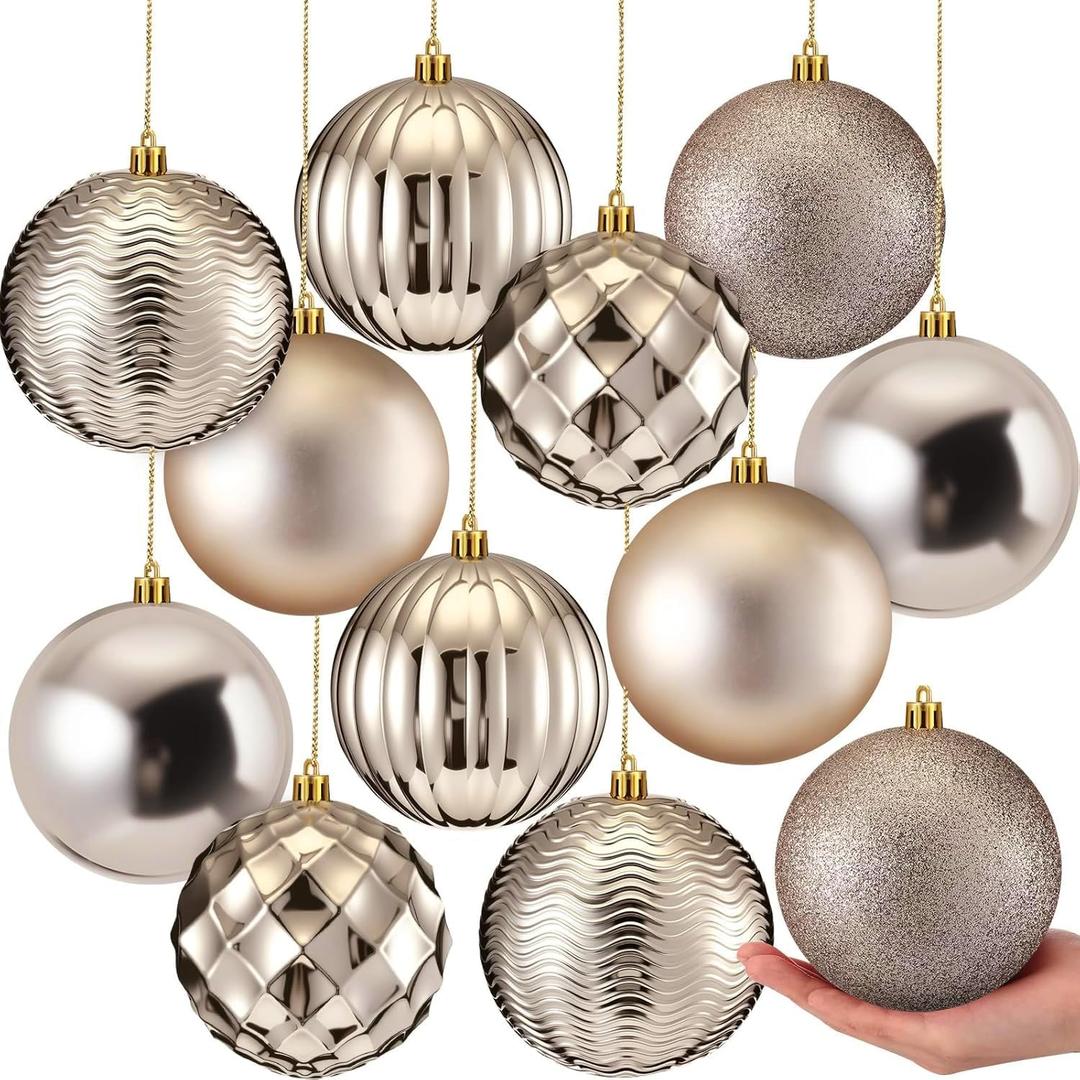 Syhood 12 Pcs 4 Inch Large Valentine Ball Ornament Christmas Tree Decoration Plastic Ornament Set Hanging Xmas Tree Ball for Xmas Holiday Wedding Party(Champagne Gold)