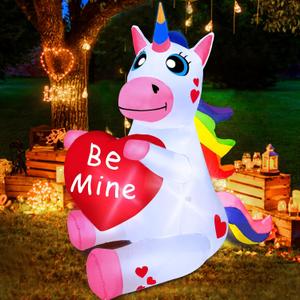 4 Ft Valentine's Day Inflatable Outdoor Decoration Blow Up Unicorn Holds Be Mine Heart LED Lighted Valentines Day Decoration for Yard Garden Lawn Holiday Home Party Outdoor Decor