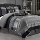 GrandLinen - 7-Piece King Size Chenille/Woven Jacquard Bedding Grey/Gray Silver Stripe Overize Comforter Set Bed in a Bag