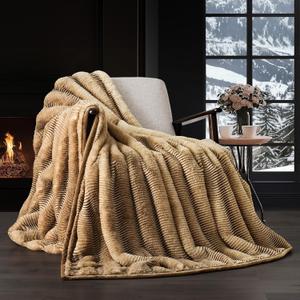 EVERGRACE Soft Luxury Faux Rabbit Fur Throw Blanket for Couch, Cozy Fluffy Channel Wave Throw Blanket for Bed, Fuzzy Warm Thick Mink Blanket with Reversible Velvet for Winter, Camel, 60"x80", 820GSM 