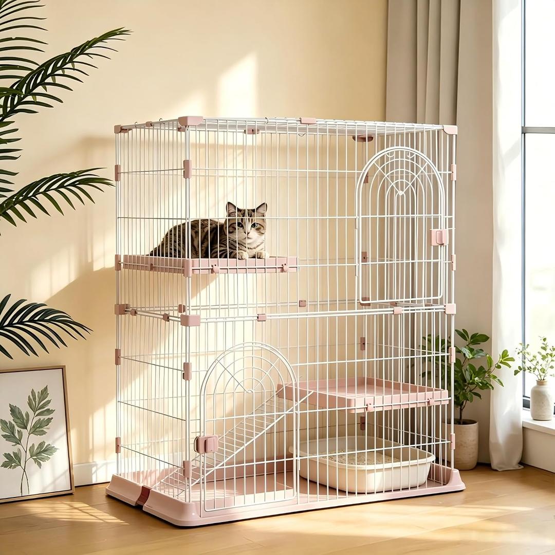 Cat Cage for Indoor Cats, DlY Catio & Cat Playpen with Escape-Proof Spacing, Sturdy Metal Cat Crate Kennel for Kittens, Ferrets & Small Animals (Pink, 2-Tier 43")