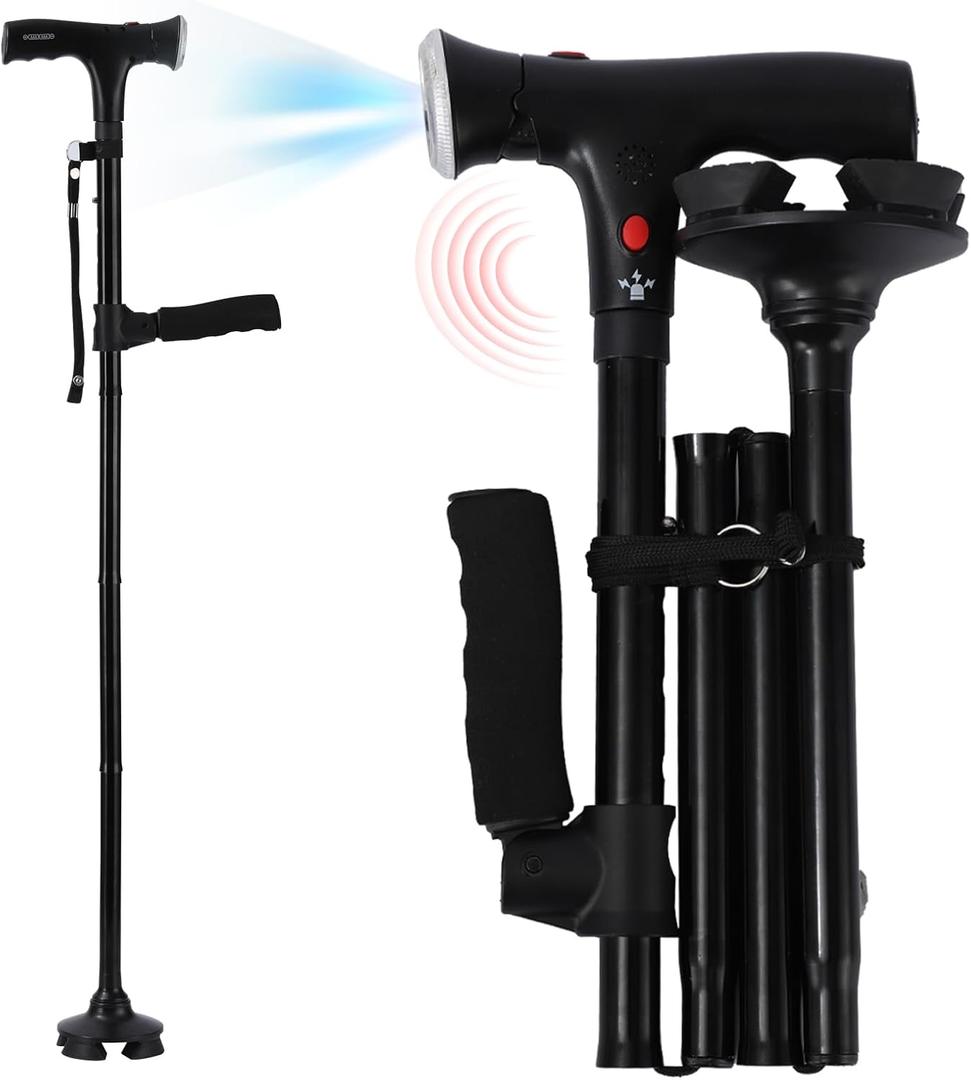 Ready Walker Cane, Cane for Men & Women, 3-in-1 Folding Cane with Alarm and Light, Adjustable, Free Standing, Collapsible Walking Stick for Seniors Balance with a Second Handle, for 5'8" - 6'3"