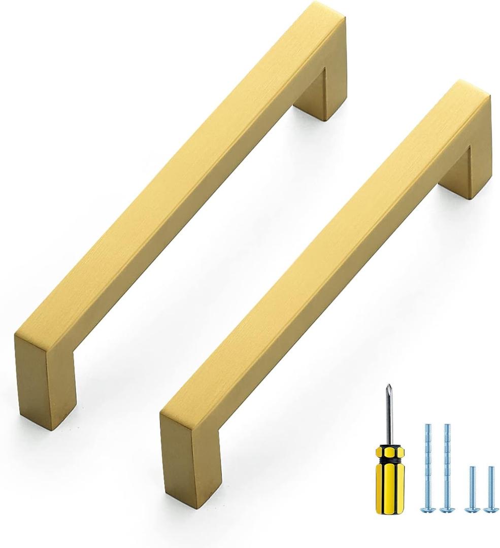 Ravinte 25 Pack Square Cabinet Pulls 5 Inch Brushed Brass Kitchen Cabinet Handles Gold Kitchen Hardware for Cabinet Gold Drawer Pulls Drawer Handles Come with Screwdriver (5 In Hole Center)
