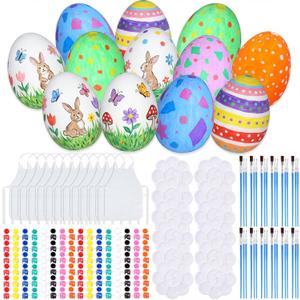 Teyva Daily 84 Pcs Mess-Free Easter Egg Painting Kit - 12 Large Foam Eggs with Acrylic Paints, 36 Brushes, 12 Palettes and Aprons for Kids Adults DIY Easter Crafts Party Gifts