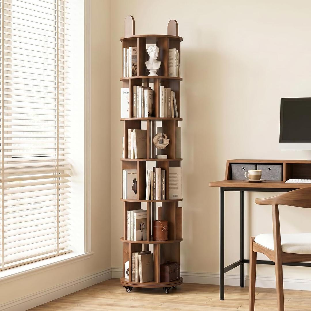 Kryonix 6 Tier Solid Wood Rotating Bookshelf on Wheels, Spinning Bookcase | Tall Space-Saving 360 Revolving Bookshelf Tower, Corner Round Turning Book Shelf Organizer For Small Spaces, Sturdy & Stable
