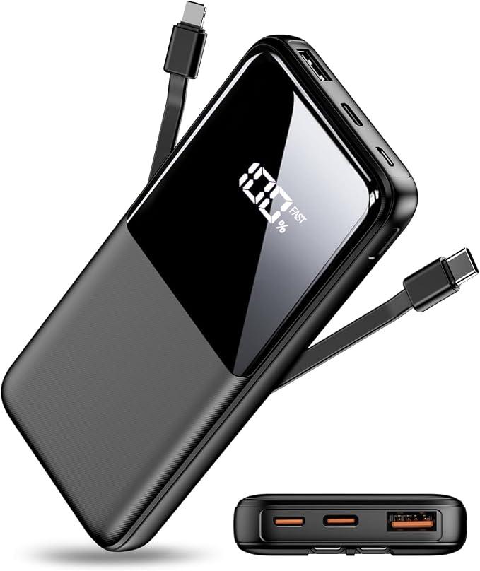 26800 mAh Power Bank, USB C Quick Charge Portable Charger with 3 Ports and 2 Integrated Cables, Power Bank External Battery Compatible with iPhone 16 15 14 13 Samsung Galaxy, Black