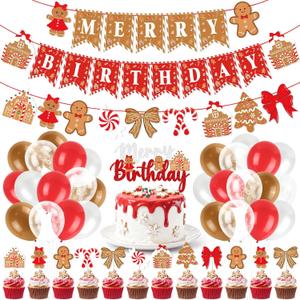Red Christmas Birthday Party Decorations, Cute Gingerbread Man Theme Merry Birthday Banner Cake Topper Red White Snowflake Balloons for Gingerbread Christmas Decorations Holiday Xmas Party Supplies
