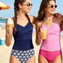 Girls Swimsuit Tankini Criss Cross Ruched 2 Piece Bathing Suit Printed Girl Swimwear for Teens  (Blue, S) 11-12Y