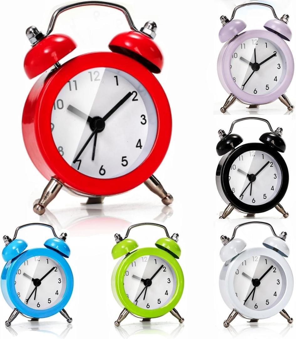 6 Pcs Mini Twin Bell Alarm Clock, 2 Inch Loud Alarm, Small Cute Analog Alarm Clock, Vintage Travel Clock with Stereoscopic Dial for Bedroom Decor, Heavy Sleepers(6 Colors)