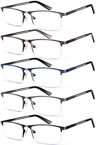 KONHAGO Blue Light Blocking Reading Glasses for Men, Half Frame Metal Readers Spring Hinge Eyeglasses Anti Eyestrain/Glare/UV 5 Pack