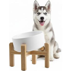 hjn Elevated Ceramic Dog Bowl 15Slanted Raised Dog Bowl with Bamboo Stand for Small Medium Dogs and Cats, Pet Feeder -3.6-Cup (850ml)-White