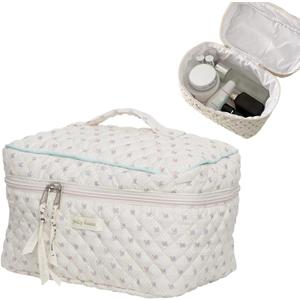 Aesthetic Kawaii Cute Makeup Bag Travel Cotton Quilted Cosmetic Organizer with Handle Toiletry Pouch for Women Teen Girls (Beige Floral)