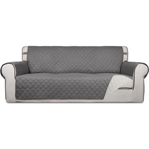 PureFit Reversible Quilted Sofa Cover, Water Resistant Slipcover Furniture Protector, Washable Couch Cover with Non Slip and Elastic Straps for Kids, Dogs, Pets (Sofa, Gray/Ivory) (Large)
