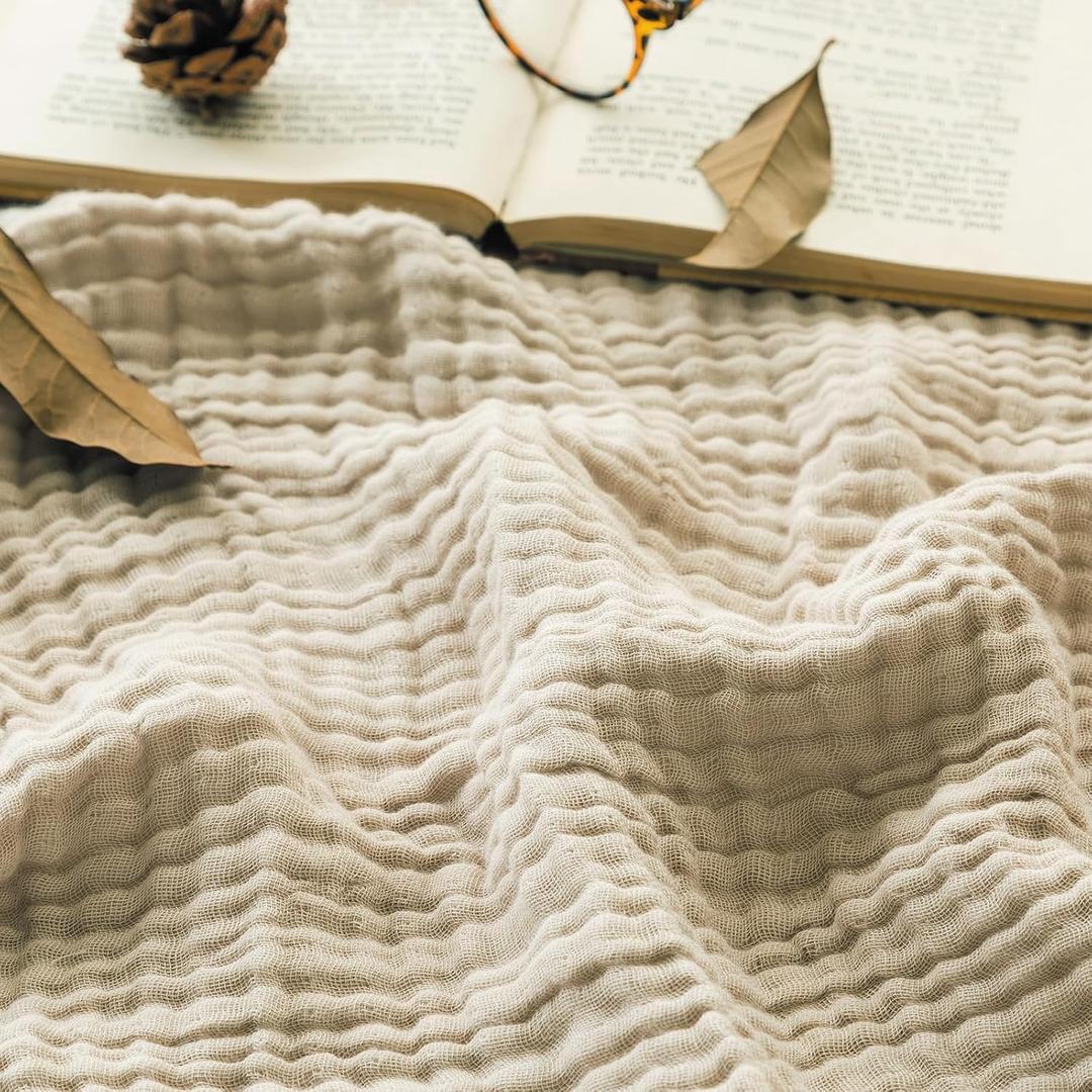 EMME Cotton Throw Blanket Large 50"x70" Gifts for Women 100% Muslin for Couch Breathable Gauze All Season Light Tan Soft and Lightweight Pre-Washed