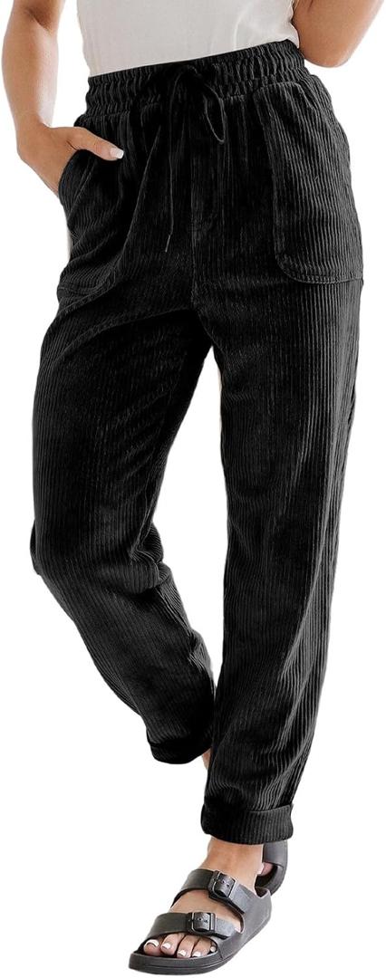 EVALESS Corduroy Pants for Women Casual Drawstring Elastic High Waist Straight Leg Pants Loose Comfy Trousers with Pockets (Medium, 1b1 Black)