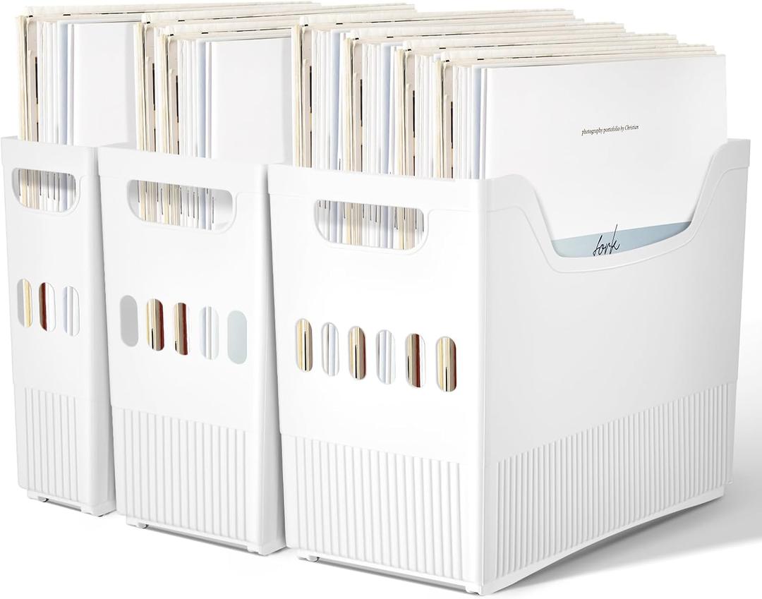Juexica 3-Piece Paper Storage Organizer with Wheels - Plastic Storage Boxes, White Storage Bins for Scrapbook Papers, Vinyl Sheets, Cardstock Organization