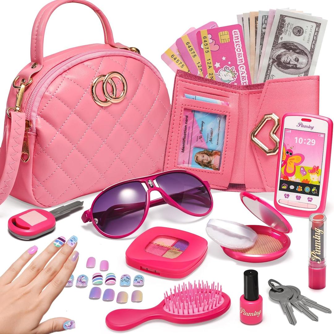 Little Girls Purse, Pretend Play Makeup Kit for Toddler 3-5 4-6, Kids Purses with Accessories, Pink Handbag, Princess Kit and Fake Make up, Toddler Girl Toys Gifts for 3-6 Year Old