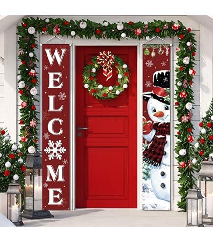 Tiamon 2 Pcs Christmas Door Banner for Front Porch Winter Snowman Welcome Banner for Merry Xmas Holiday Door Wall Hanging Decor Supplies Indoor Outdoor