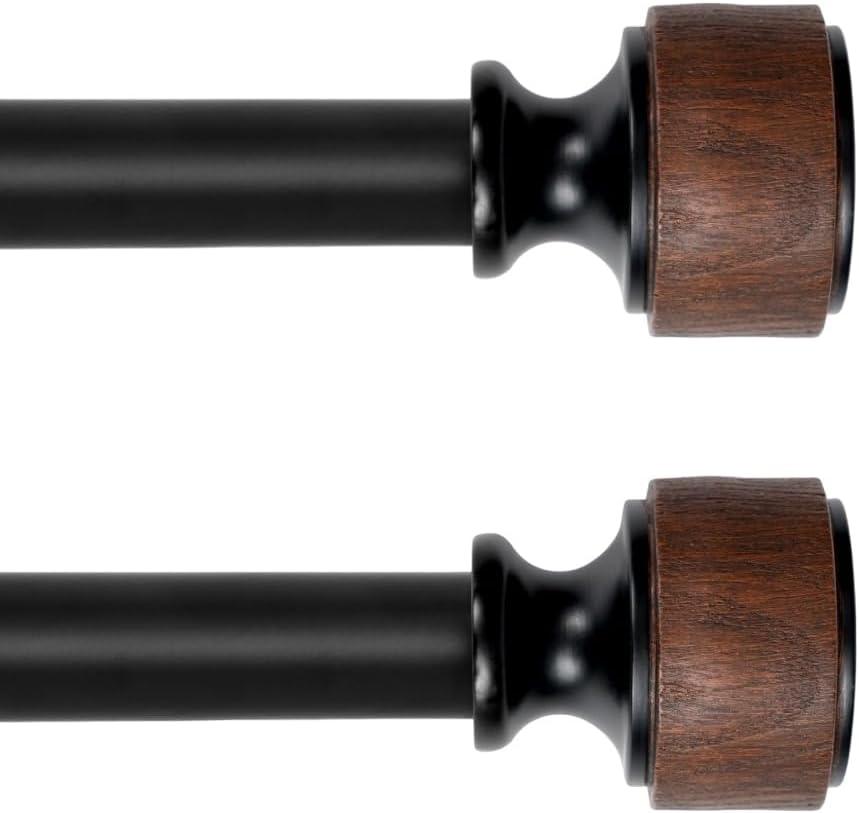 Wood Curtain Rods for Windows, Heavy Duty Adjustable Curtain Rod, 1-Inch Diameter Decorative Drapery Rod with Faux Wood Grain Finials, Black with Walnut, Modern Luxe Design (18"- 45" | 2PACK)