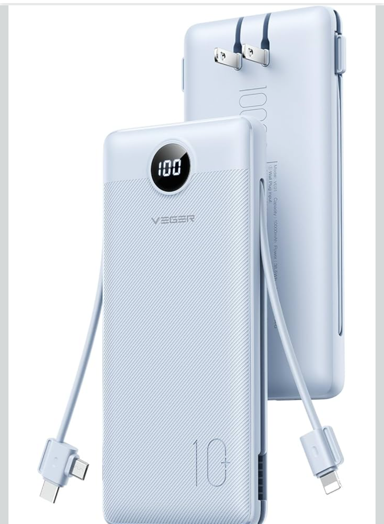 VEGER AC Wall Plug Portable Charger, 10000mah Slim Portable Charger Built in Cables, USB C Power Bank 15W Fast Charging, Travel Essential Battery Pack Compatible with iPhone, Android and More(Blue)