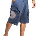 Men's Wide Leg Cotton Capri Shorts Pants with Elastic Waist, Drawstring, and Pockets for Yoga Summer Beach Outdoor (Medium-Large, Blue)