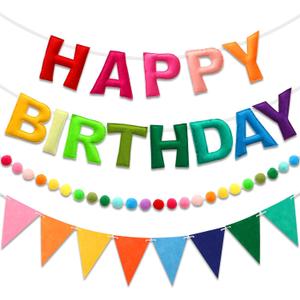Pre-Strung Happy Birthday Banner & Felt Garland Set - Colorful Birthday Decorations for Women Men Boys Girls | Reusable Party Supplies for Indoor & Outdoor