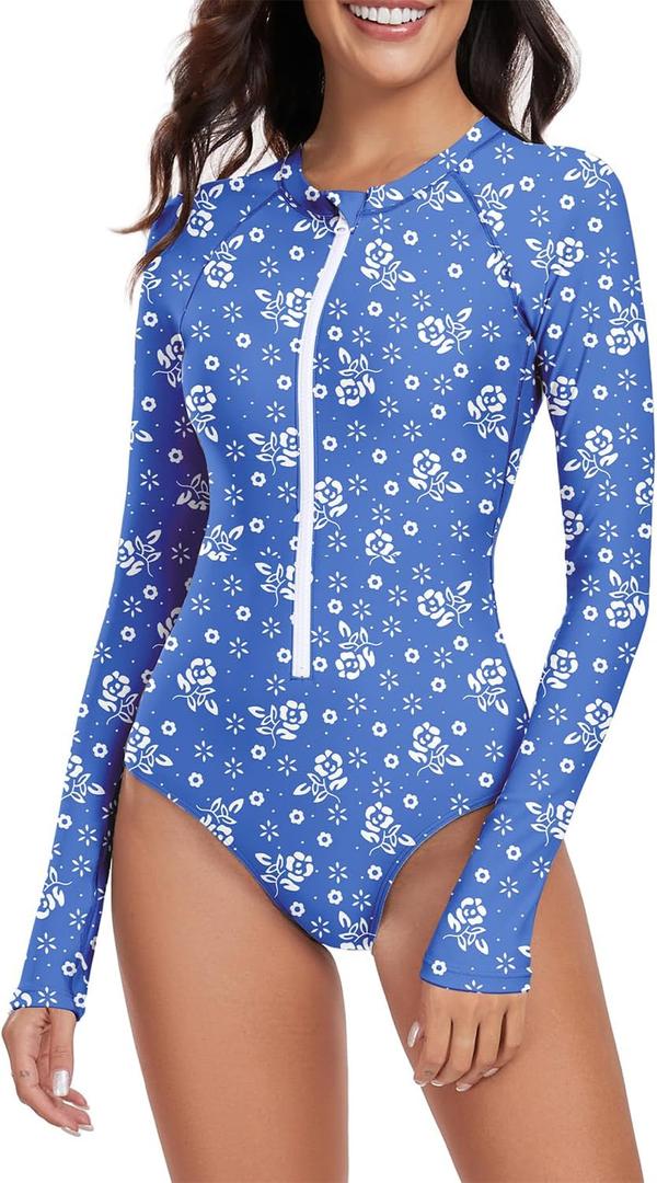 Century Star UPF 50+ Long Sleeve Swimsuits for Women Bathing Suit Rash Guard Surfing Modest One Piece High Neck Swimwear (Blue, XXL)