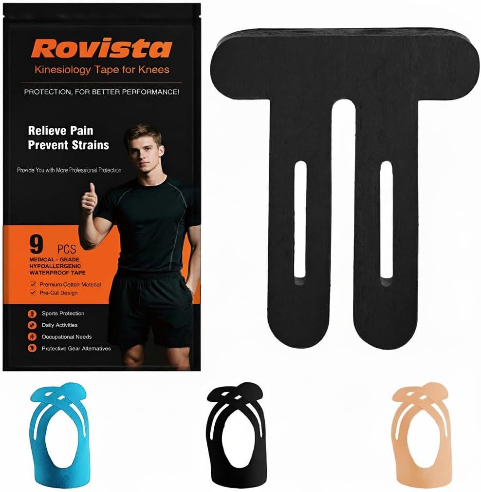 9 Pcs Precut Kinesiology Tape for Knees - Pro Waterproof and Breathable Knee Tape - Latex-Free and Elastic Athletic Tape for Stability Support