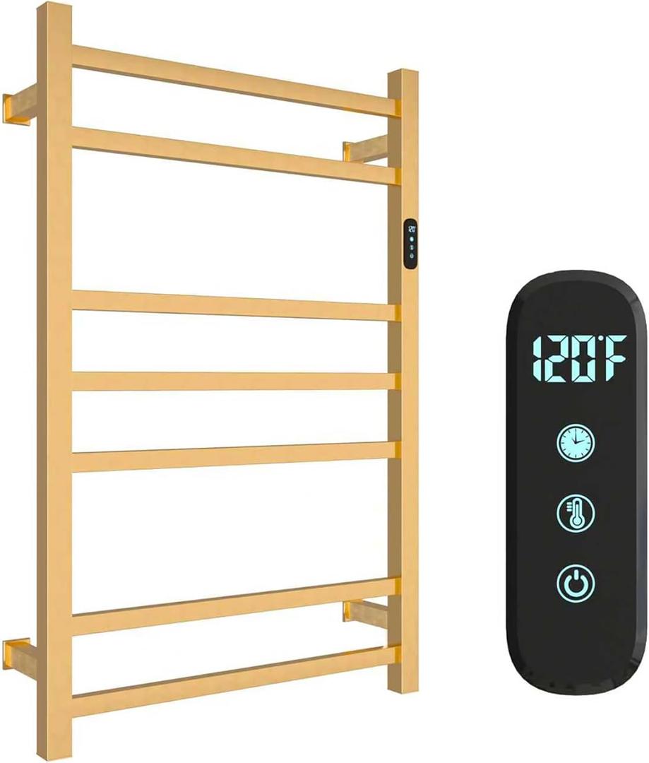 7 Bars Luxury Heated Towel Rack Wall Mounted Towel Warmers, Towel Warmer Rack for Bathroom with Timer & Temperature Multi-Level Adjustable, Hardwired and Plug-in Compatible (Brushed Gold)