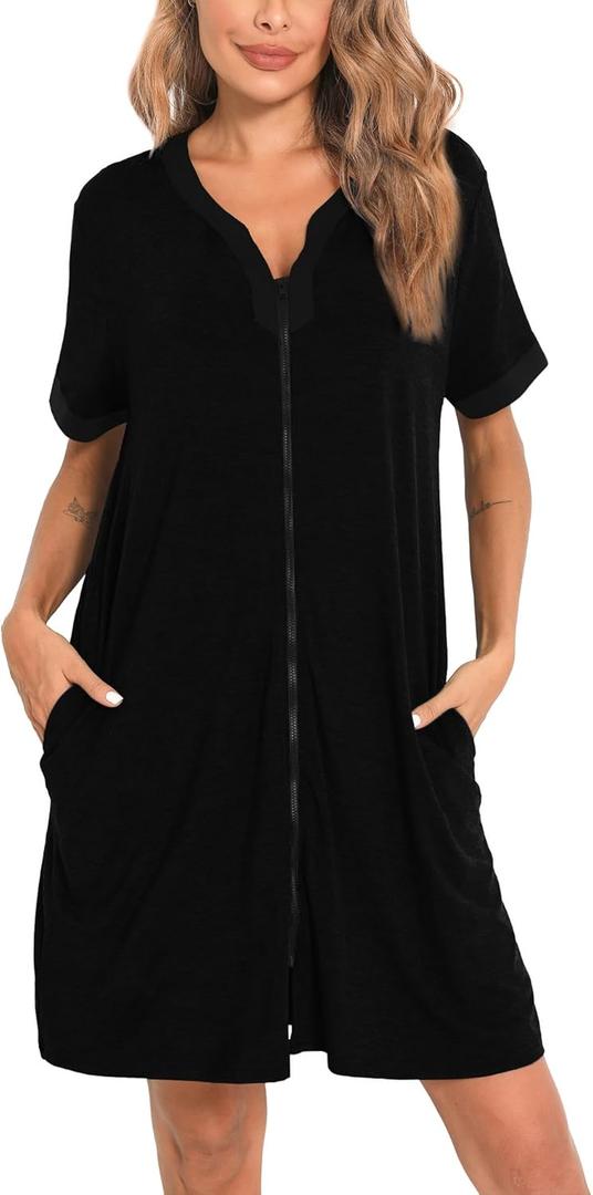 SWOMOG Women Zipper Front House Coat Short Sleeves Robe Zip up Bathrobes Short Nightgown with Pockets (Large, Black Black Trim) SWOMOG Women Zipper Front House Coat Short Sleeves Robe Zip up Bathrobes Short Nightgown with Pockets (Large, Black Black Trim)