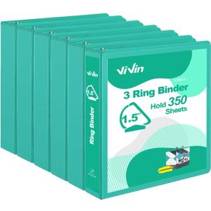 ViVin Sturdy 1.5 Inch 3 Ring Binder with Pockets, Slant-D Ring, PVC-Free, Customizable Clear View Binder,Holds 350 Sheets of 8.5" x 11" Paper, 6 Pack (Lake Green)