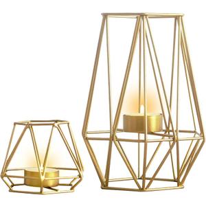 2 Pcs Metal Hexagon Shaped Geometric Design Tea Light Votive Candle Holders, Iron Hollow Tealight Candle Holders for Vintage Wedding Home Decoration, Gold (S + L)