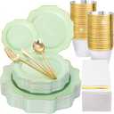 WDF 175Pcs Sage Green Plastic Plates With Gold Rim - Disposable Sage Green Plates 25guest Disposable Dinnerware Ideal for Party/Wedding/Spring Party/First Communion
