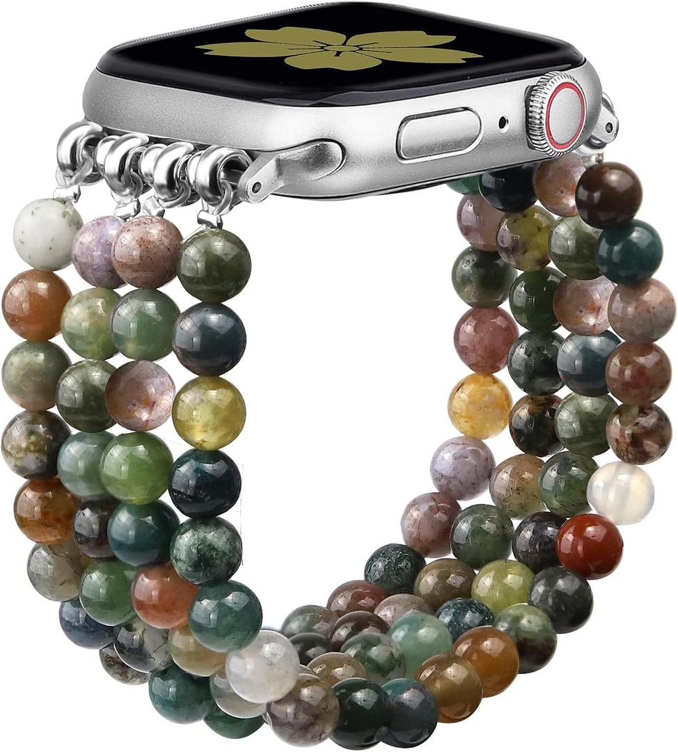 Natural Stone Bracelet Beaded-Bands Women Compatible with Apple Watch Band 38mm 40mm 41mm 42mm (S10) Feminine Cute Handmade Elastic Stretch Strap for iWatch Series 10/9/8/7/6/5/4/3/2/1/SE (A1 Indian Agate)