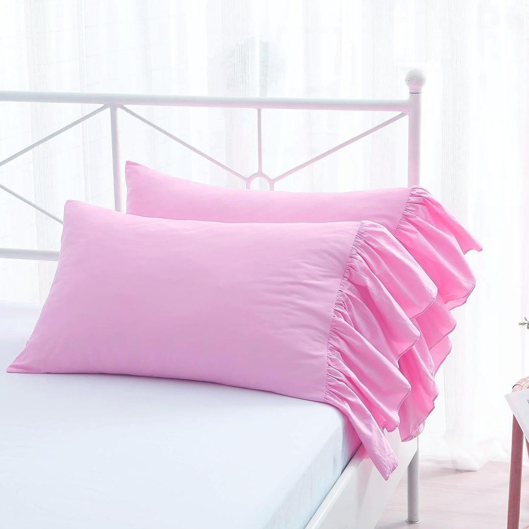 2-Pack Pink Pillow Cases Shams Covers with Long Ruffles Mermaid Fishtail Pure Cotton King Size 20"X36" Boudoir