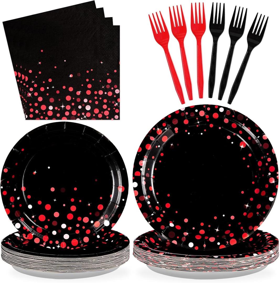 Grencian 96Pcs Black and Red Party Decorations Valentine's Day Red Dot on Black Plates and Napkins Disposable Tableware Set for Birthday Baby Shower Wedding Valentine's Day Party Supplies, Serves 24