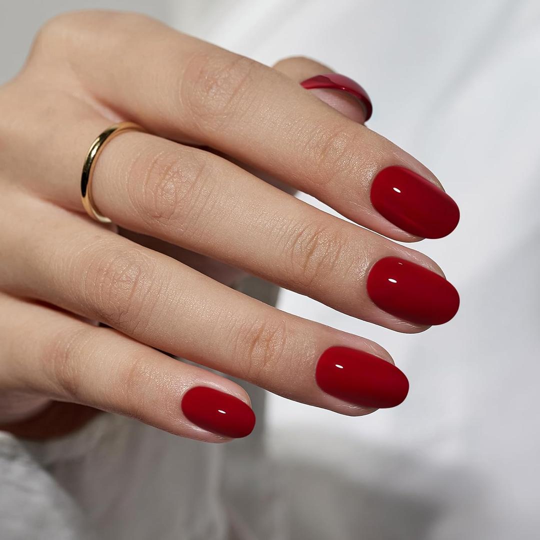 BTArtbox Press On Nails Short - Red Press on Nails Short Oval Nails Fall Fake Nail with Nail Glue, Fit Perfectly, Reusable Glue On Nails in 16 Sizes, Cardinal