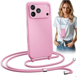 Blaspins Crossbody Lanyard Strap Case for iPhone 17 Pro, Hands-Free Neck Cross Body Wrist, Adjustable Rope Removable, Drop Protection Shockproof Silicone Case 6.3 inch, 150 cm Strap, iP17Pro - Pink