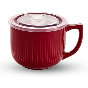 Ceramic Soup Bowl with Handle 32oz – Microwave Ramen Bowl with Lid, Soup Mugs & Cups for Cereal, Oatmeal, Ramen, Instant Noodle, Soup Container with Lid - (Red)