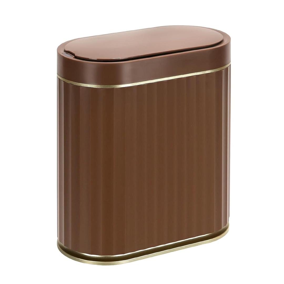 ELPHECO Bathroom Motion Sensor Trash can, 2 Gallon Automatic Garbage Can, Slim Plastic Smart Trash Can with Lid, Commercial Intelligent Trash Bin for Bedroom, Bathroom, Office, Brown Gold