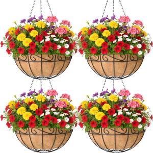 4 Pack 12 Inch Hanging Baskets for Plants Outdoor Metal Hanging Planter Basket with Coco Coir Liner Hanging Flower Baskets Hangings Flower Pots Holder for Garden, Patio(Flower)