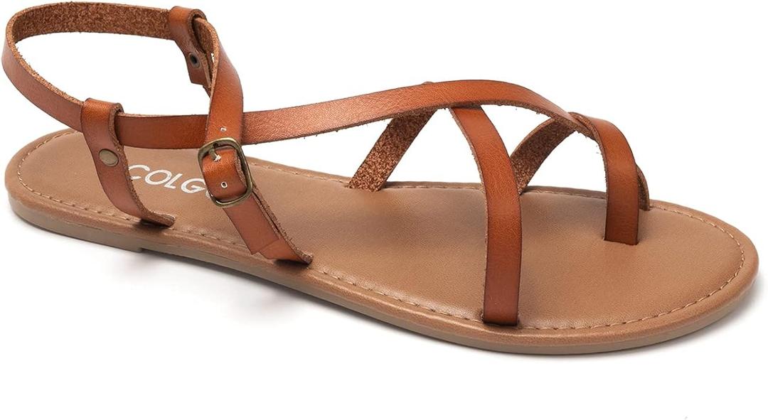 Colgo Women's Summer Strappy Flat Sandals, Adjustable Casual Fisherman Sandal with Open Toe Slingback Gladiator Sandals (8,Brown)