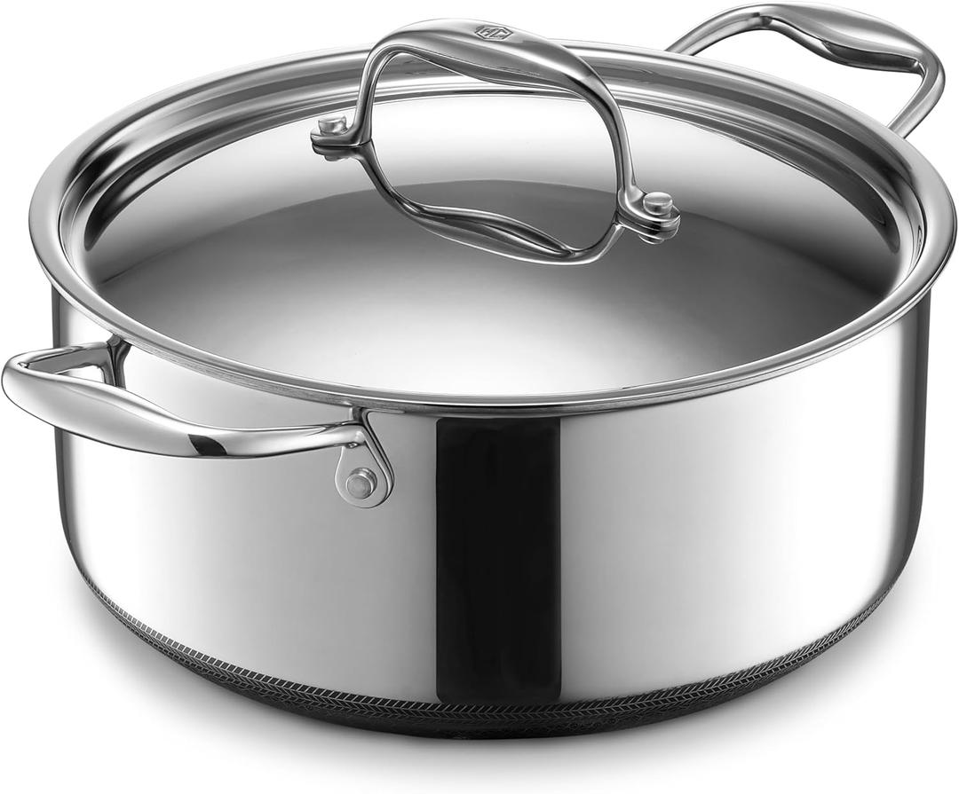 HexClad Hybrid Nonstick 5-Quart Dutch Oven with Stainless Steel Lid, Stay-Cool Handles, Dishwasher-Friendly, Oven-Safe Up to 900F, Induction Ready, Compatible with All Cooktops