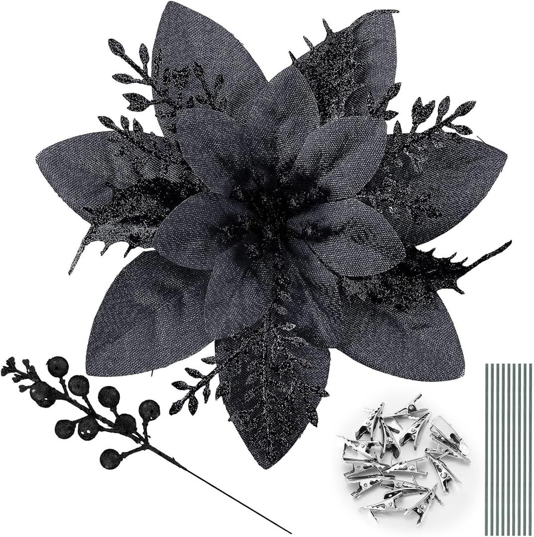65pcs Black Christmas Poinsettia Artificial 5.9", Glitter Berries with Stems, Clips for Christmas Tree Decoration, Wreath Ornaments for Xmas Wedding Party Decoration