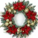 Christmas Wreath for Front Door 24 Inch Artificial Christmas Wreath, with Pine Needles, Red & Gold Berries Decorations Accents, for Decor Indoor/Outdoor Christmas Decoration (Poinsettia)