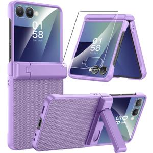 Miimall for Samsung Z Flip 7 Slim Case with Hinge Protection, Kickstand and Tempered Glass, Matte Texture Grip Sturdy Dust Proof Anti-Slip Ultra Thin Full Cover for Galaxy ZFlip7 5G Phone Case Purple